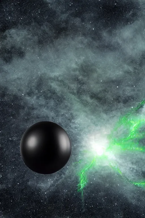 Image similar to a hyper realistic black sphere surrounded by green lightning and mist in the middle of the galaxy