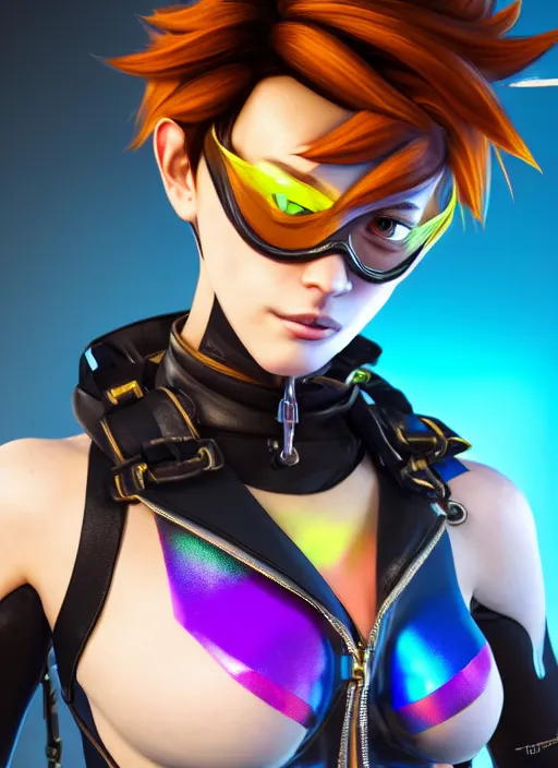 Image similar to portrait bust digital artwork of tracer overwatch, wearing iridescent rainbow latex and leather straps catsuit outfit, 4 k, expressive whistling face, makeup, in style of mark arian, angel wings, wearing detailed leather collar, chains, black leather harness, detailed face and eyes,