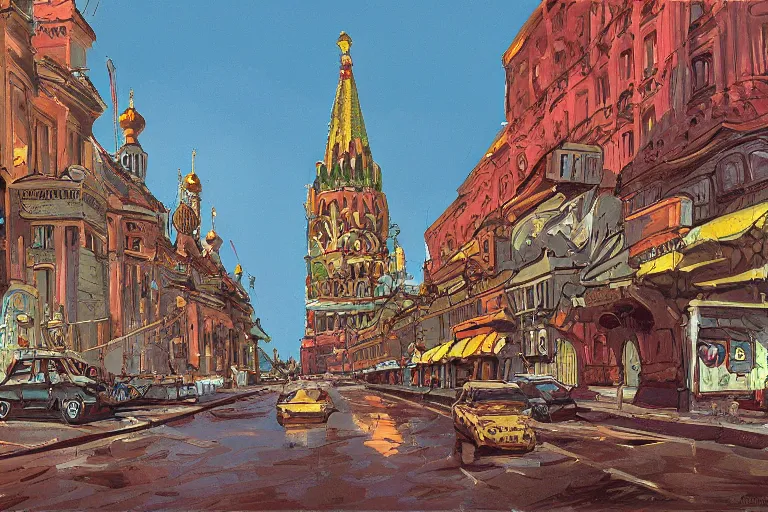 Prompt: moscow street view panoramic painting animation background art by ralph bakshi