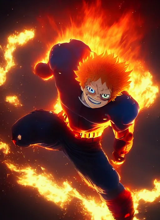 Prompt: Endeavor from my hero academia outraging, flames, dark atmosphere, cinematic shot, intricate, ornate, photorealistic, ultra detailed, realistic, 100mm, photography, octane, high definition, depth of field, bokeh, 8k, artstation