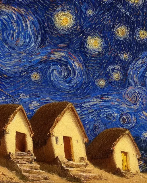 Prompt: Painting by Greg Rutkowski, A large ceramic jar with a golden ornament flies high in the starry night sky above small huts under thatched roofs