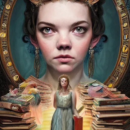 Image similar to a portrait of a older anya taylor - joy as the goddess minerva surrounded by stacks of books, owls, bioluminescent gown with deep level of detail of esoteric symbols, urban motifs, intricate, elegant, highly detailed, digital painting, trending on artstation, smooth sharp focus, illustration, art by artgerm and greg rutkowski