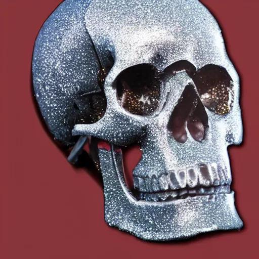 Prompt: Human skull made of pearlescent glitter wearing futuristic headphones, highly detailed, realistic, cinematic, dramatic