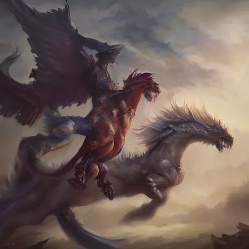 Image similar to Powerful battle between mythical creatures painted by Astri lohne