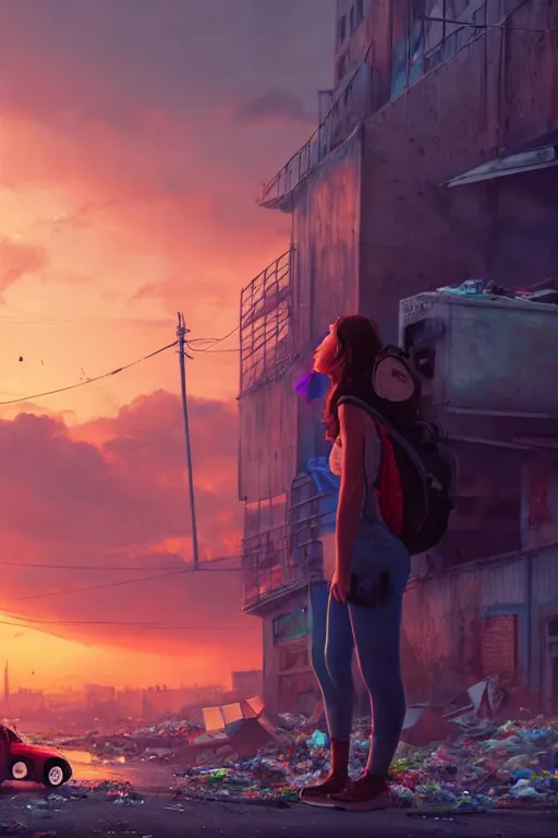 Prompt: wide photo of young woman in mini short with backpack looking at food at garbage dump, destroyed cars, city is pure wasteland, moody sunset background, rays of sunlights, ( ( ( rainbow ) ) ), high details, sharp, photorealism, greg rutkowski, artgerm, unreal engine, highly detailed