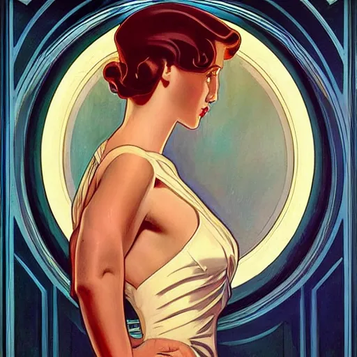 Image similar to a streamline moderne painting in the style of mort kunstler, and in the style of charlie bowater, and in the style of alphonse mucha. symmetry, smooth, sharp focus, semi - realism, intricate detail.