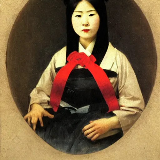 Image similar to Portrait of a japanese young lady with a long white hair and a red ribbon, Rim Lighting, Lantern, by Camille Corot
