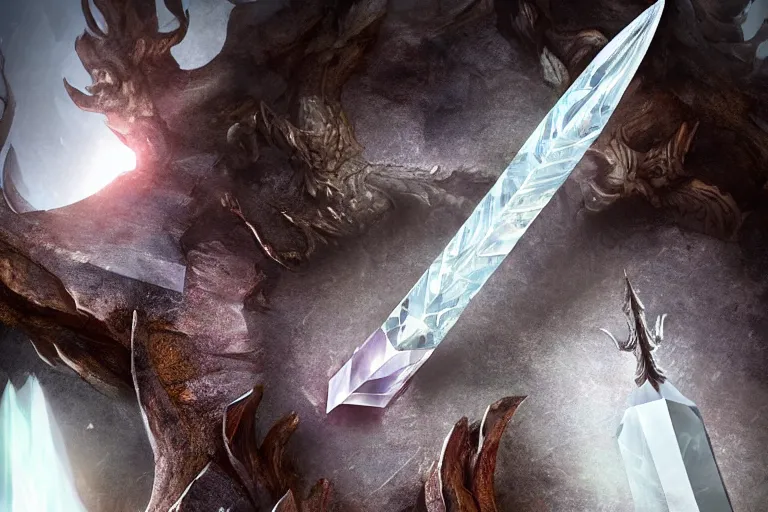 Prompt: A crystal dagger shimmers with an unnatural light, it had been enchanted by a skilled sorcerer, D&D fantasy setting, 4k