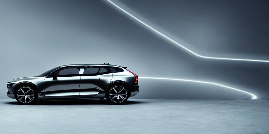 Image similar to a design of a futuristic Volvo, designed by Polestar, northern lights background, brushed rose gold car paint, black windows, dark show room, dramatic lighting, hyper realistic render, depth of field