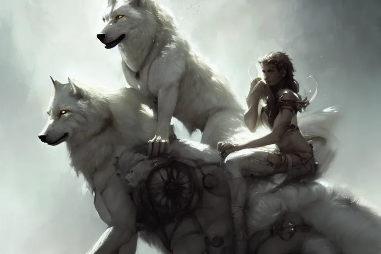 Image similar to white wolves painted by Bastien Lecouffe-Deharme and Cedric Peyravernay, trending on artstation, Frank Frazetta, 4k, 8k, HD