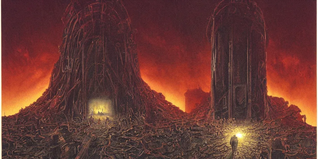 Image similar to Artwork by Les Edwards of the cinematic view of the Seventh Terrifying Prison.