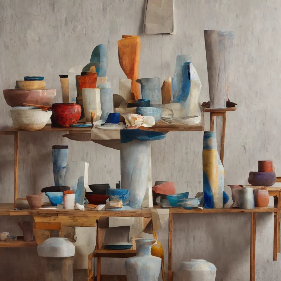 Image similar to beautiful ceramics studio photograph of a ceramics display of tall angular stoneware vase covered with modernist paintings placed on a tablecloth on a wooden table, hyperrealism 8 k trending on artstation