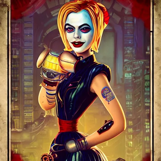 Image similar to lofi bioshock steampunk portrait of harley quinn cosplay, Pixar style, by Tristan Eaton Stanley Artgerm and Tom Bagshaw.