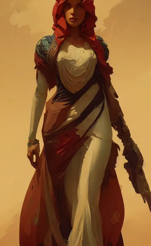 Image similar to a personification of the United Arab Emirates, highly detailed, digital painting, artstation, concept art, sharp focus, illustration, art by greg rutkowski and alphonse mucha