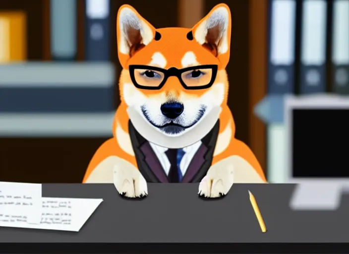 Prompt: photo of a shiba inu dog in a suit and glasses reading a document at a desk in his office. Highly detailed 8k. Intricate.