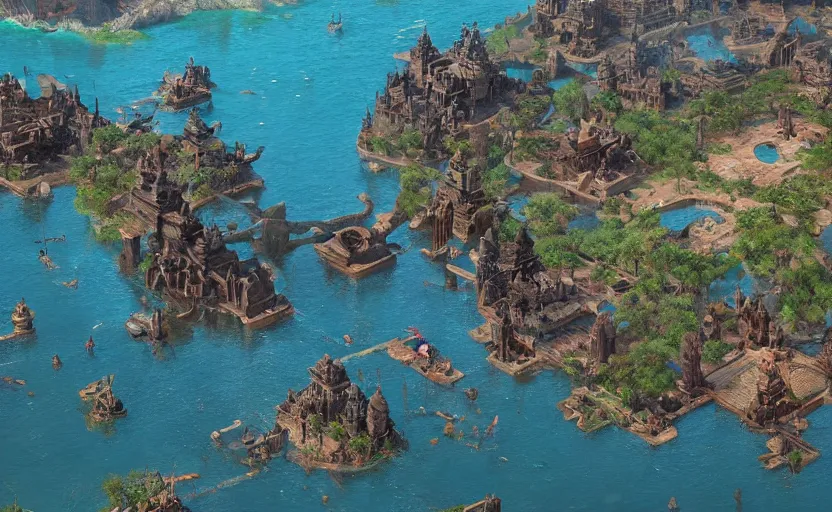 Prompt: an aztec city in a island lake, being attacked and surrounded by many 15th century ships, aerial view, high detail, by Craig Mullins, Peter Mohrbacher, unreal engine, octane rendered, 8K, dark beauty, trending on artstation