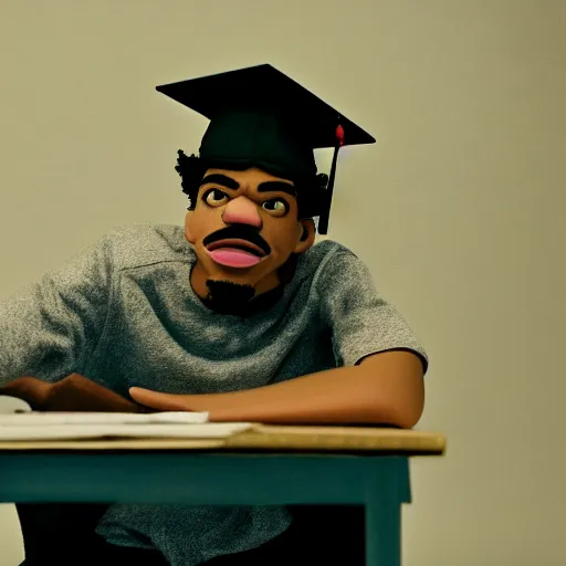 Image similar to a cinematic film still of a claymation stop motion film starring chance the rapper as a college student, shallow depth of field, 8 0 mm, f 1. 8