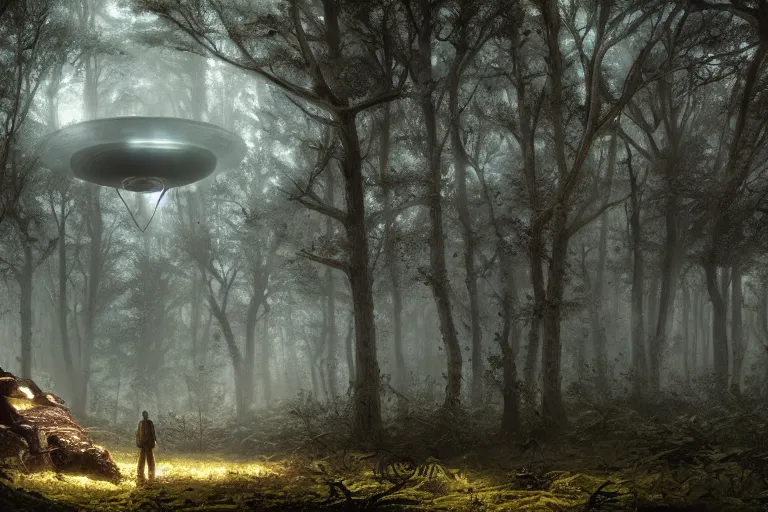 Image similar to ufo in a forest, concept art, intricate details, eerie, highly detailed, photorealistic, octane render, 8 k, unreal engine. art by greg rutkowski and james gurney and h r giger