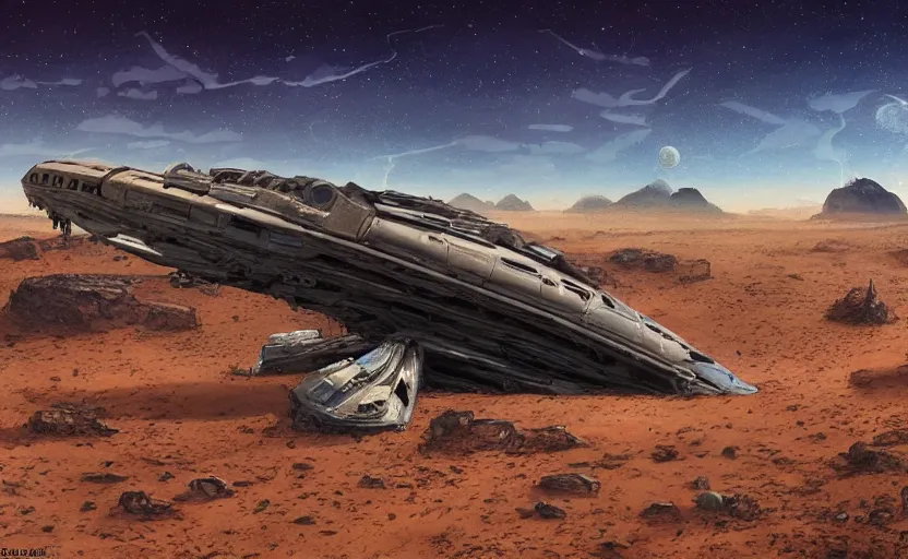 Image similar to very detailed, simon roy, illustration of a giant crashed space ship on a desert planet, wide shot