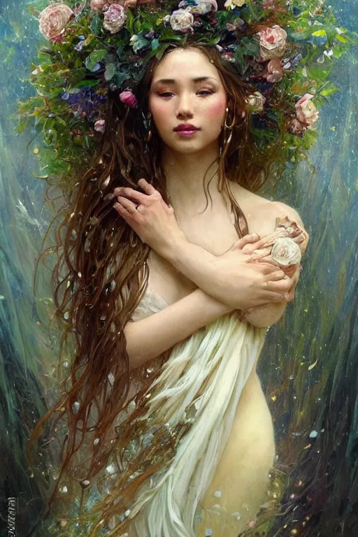 Image similar to portrait of a beautiful mysterious woman holding a bouquet of flowing flowers, wet dripping long hair, hands hidden from view, emerging from the water, fantasy, regal, intricate, by stanley artgerm lau, greg rutkowski, thomas kindkade, alphonse mucha, loish, norman rockwell