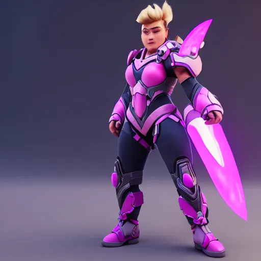 Prompt: a young girl with the appearance and armor of zarya from overwatch, design, octane render, 4 k, ingame shot