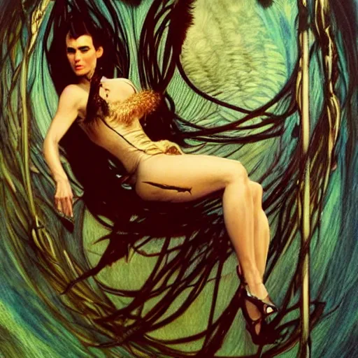 Prompt: jennifer connelly as dark swan queen, black feathers instead of hair, feathers growing out of skin, moulting, suspended in zero gravity, on spaceship with cables hanging down, highly detailed, mike mignogna, ron cobb, mucha, oil painting