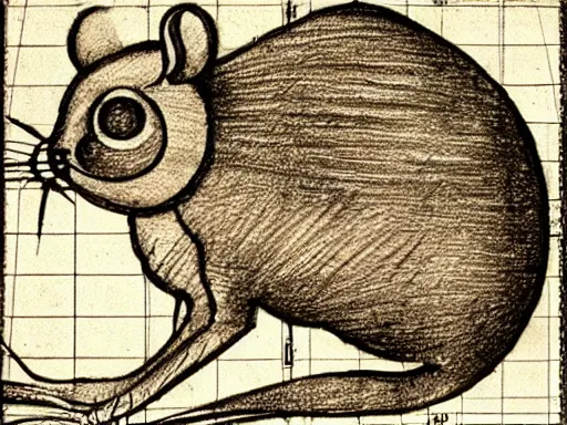 Prompt: highly detailed technical drawing of a rat, schematic, blueprint, pencil, sepia, old paper, art by leonardo da vinci