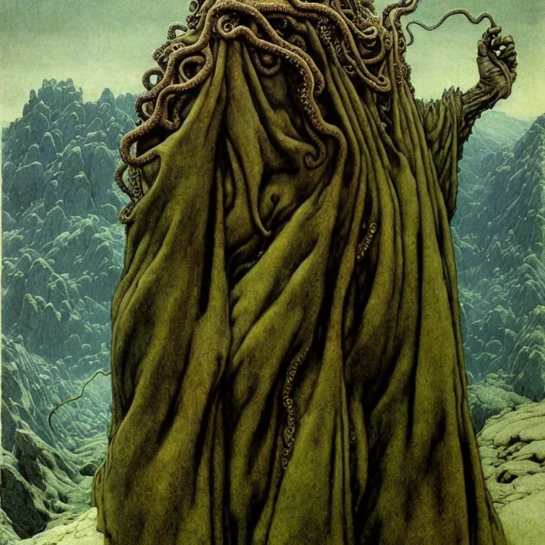 Prompt: A detailed green-eyed tentacleheaded human stands among the mountains with a pebble in hands. Wearing a ripped mantle, robe and boots. Extremely high details, realistic, fantasy art, solo, masterpiece, art by Zdzisław Beksiński, Arthur Rackham, Dariusz Zawadzki