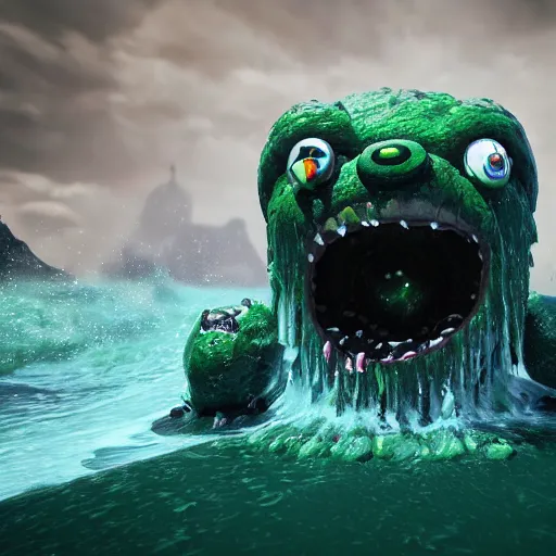 Prompt: the pain is splattered on the sad monster's green face while huge waves crash against him, water sprays into the air, black thunderclouds, fantasy, unreal engine