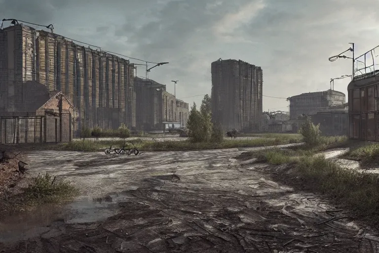 Prompt: a Moscow outskirts with mud and an old playground between two soviet five-storey panel houses, Brutalism, high details, cinematic, 8k resolution, beautiful detailed, insanely intricate details, artstation trending, octane render, unreal engine