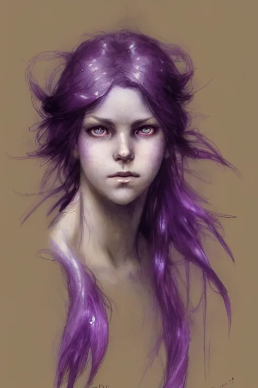 Prompt: character art by jean - baptiste monge, young woman, purple hair, glowing purple eyes