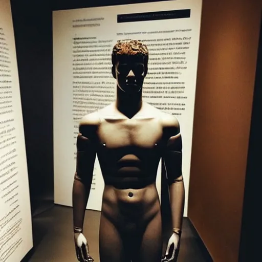 Image similar to “ a realistic detailed photo of a guy who is an attractive humanoid who is half robot and half humanoid, who is a male android, actor liam hemsworth, shiny skin, posing like a statue, blank stare, at the museum, on display ”