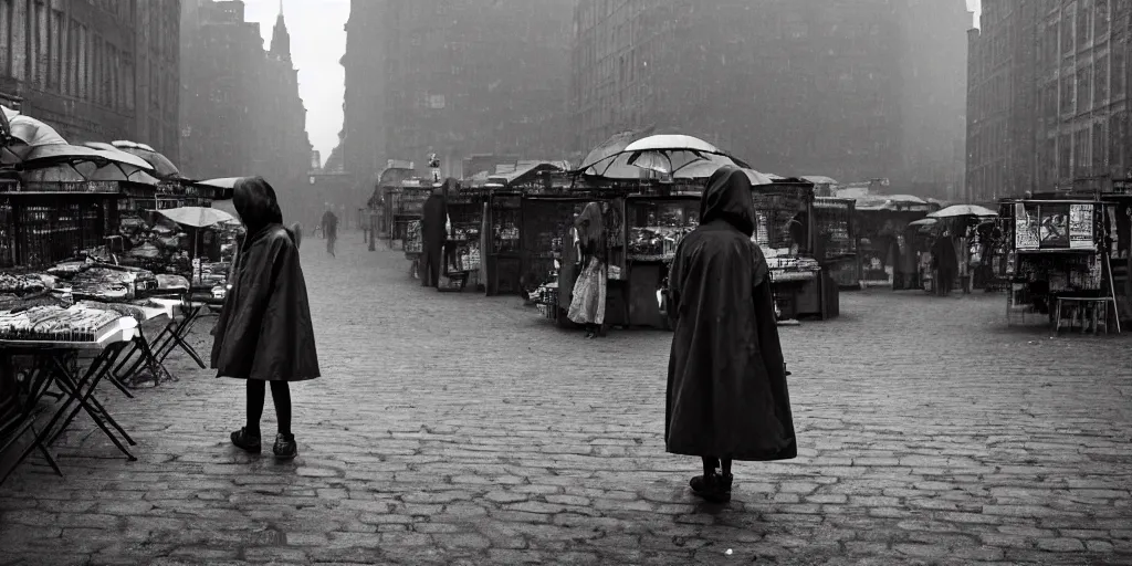 Image similar to medium shot of lonely market stall with umbrellas and sadie sink in hoodie. in ruined square, pedestrians on both sides. steampunk tenements in background : 3 5 mm film, anamorphic, from schindler's list by steven spielberg. cyberpunk, cinematic atmosphere, detailed and intricate, perfect anatomy