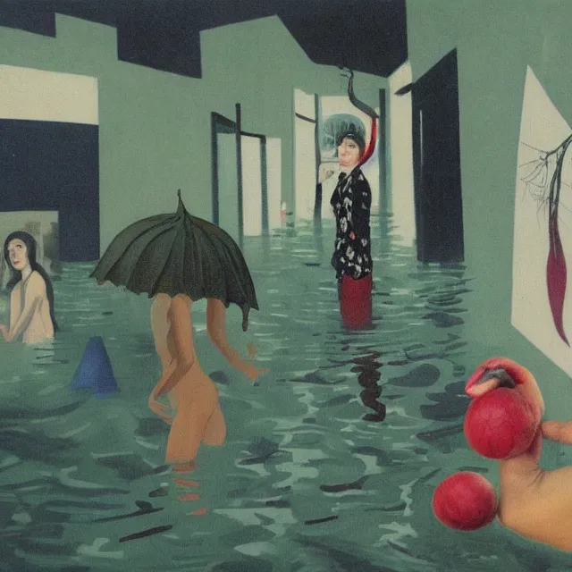 Image similar to tall female emo vegan socialist artist in their flooded apartment, painting of flood waters inside an artist's home, a river flooding indoors, pomegranates, pigs, ikebana, zen, water, octopus, river, rapids, waterfall, black swans, canoe, berries, acrylic on canvas, surrealist, by magritte and monet