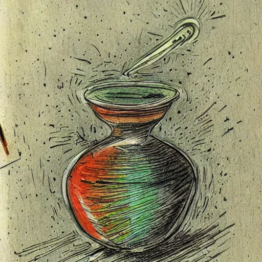 Prompt: a sketch in an old book, of a rainbow potion recipe, ancient language