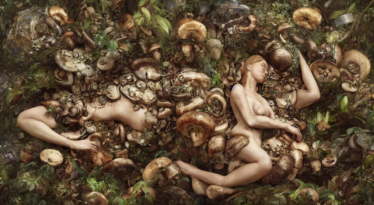 Prompt: a bio - mechanical sleeping giant woman with mushrooms as camouflage highly detailed, cinematic, perfect face, cyberpunk, fine details, studio lighting, subtle shadows, art by katsuya terada and hieronymus bosch, photo - realism, hyper realism, octane render