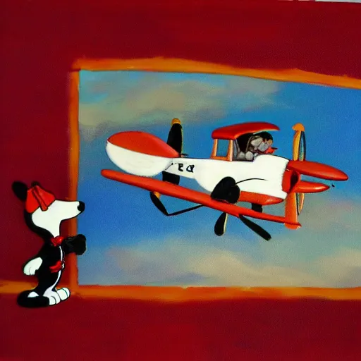 Image similar to 3 toy fox terriers flying a biplane, wearing red scarves flapping in wind, dramatic oil painting, snoopy the dog, style of charlie brown, aperture gradient