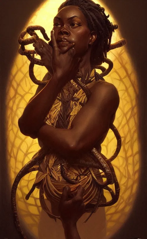 Image similar to the god anansi, african mythology, intricate, upper body, highly detailed, digital painting, artstation, concept art, sharp focus, cinematic lighting, illustration, art by artgerm and greg rutkowski, alphonse mucha, cgsociety