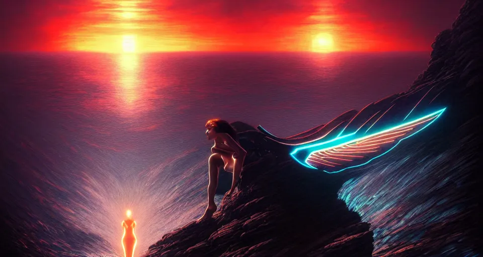 Image similar to tron wings in front mind bending sunset, cliffside ocean scene, backlit, aesthetic, elegant, diffuse lighting, hyper realistic, elegant, intricate, hyper detailed, smooth, sharp focus, concept art, illustration, trending on artstation, art by artem demura, greg rutkowski, james gurney, and alphonse mucha