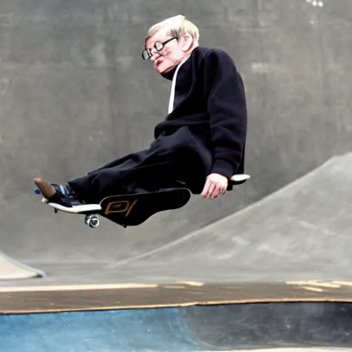 Prompt: Stephen Hawking doing a flip off a ramp at a skate park