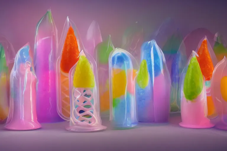 Prompt: beautiful transparent and translucent pastel hotdogs, ice cream cones, levitating colorful plastic vending machine toys, clouds of vivid horse-hair wigs, plasticized flames, Rembrandt, baroque, chiaroscuro, 8K photorealistic, Studio lighting, Low key lights