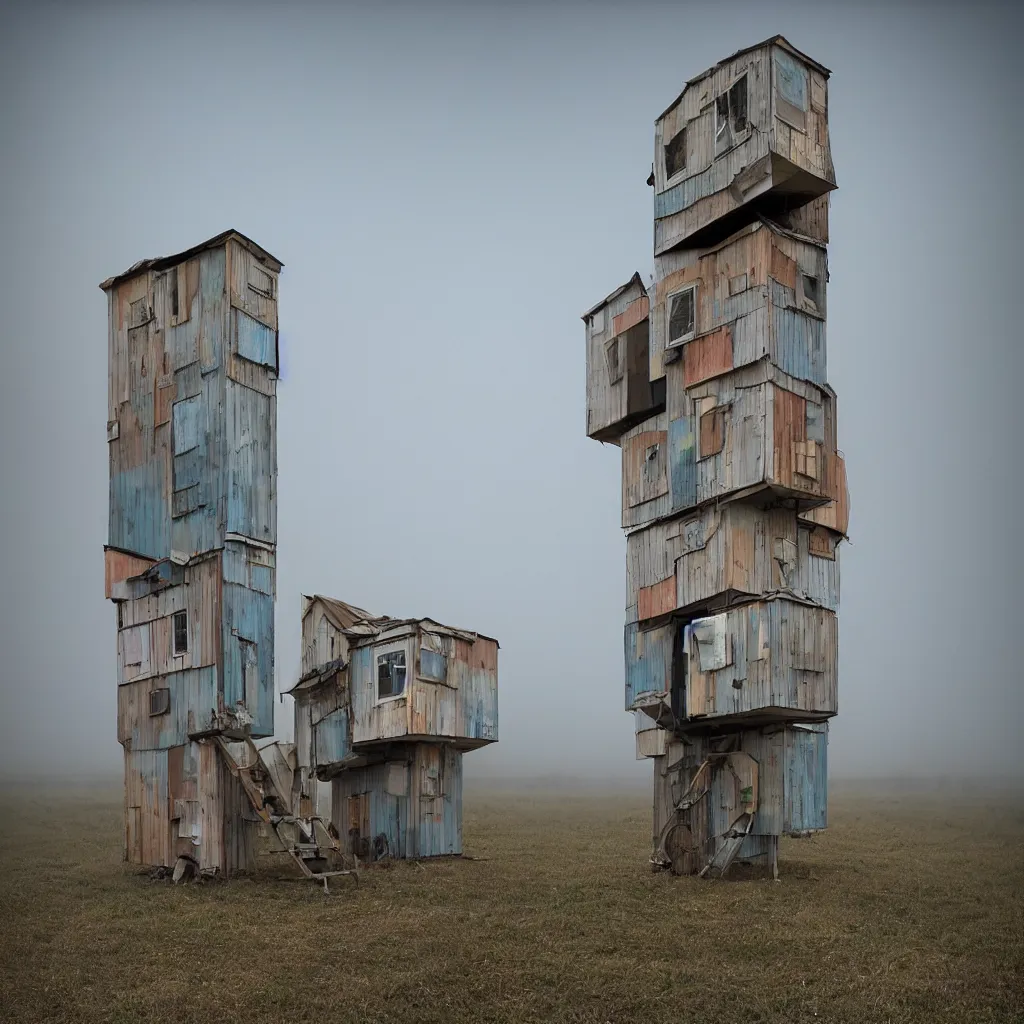 Image similar to two high towers, made up of makeshift squatter shacks with faded colours, plain uniform sky at the back, uneven fog, dystopia, mamiya, fully frontal view, ultra sharp, very detailed, photographed by julie blackmon
