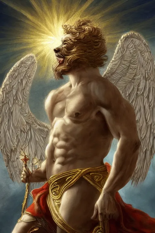 Prompt: a dog as god with a radiant halo and wings, detailed face, gorgeous, flowing hair, very muscular male body, partial anatomy, stormy and grand war scene, delicate and intricate borders for decoration, caesar victorious, proud Emperor, split lighting, intricate, highly detailed, 8K, digital painting, fantasy, concept art, sharp focus, close-up, art by greg rutkowski beeple and alphonse mucha