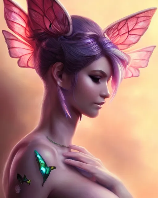Image similar to 3 / 4 view of a woman with fairy wings, confident pose, pixie character, video game genshin impact, cell shaded anime intricate, elegant, sharp focus, illustration, highly detailed, concept art, matte, magali villeneuve, artgerm, anime, trending on artstation