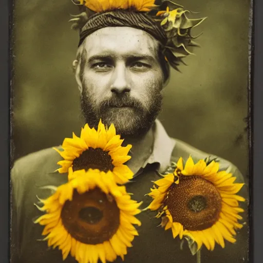 Image similar to A wet-collodion photograph of a man standing in a field of sunflowers with an apple on his head, shallow depth-of-field