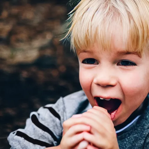 Image similar to blonde boy biting a hat