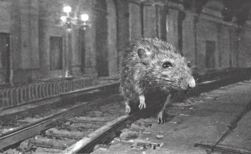 Image similar to old photo from 1 9 6 5. very large giant mutant zombie rat on railways in tonnel of moscow metro. extreme high detail. low dark light, scary atmosphere