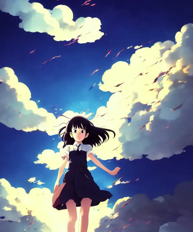 Prompt: anime visual, full body portrait of a young black haired girl flying in the sky, cute face by yoh yoshinari, katsura masakazu, dramatic lighting, dynamic pose, dynamic perspective, strong silhouette, ilya kuvshinov, moody, detailed