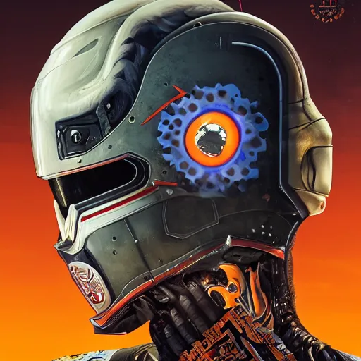 Image similar to a portrait of a monster, in an orange racing helmet by sandra chevrier, detailed render, epic composition, cybernetics, 4 k realistic, cryengine, realistic shaded lighting, sharp focus, masterpiece, by matteo scalera, gary montalbano, peter elson in the style of the tokyo ghost comic