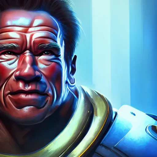 Image similar to a screenshot of arnold schwarzenegger as mei in overwatch, portrait, fantasy, beautiful face, vivid colors, elegant, concept art, sharp focus, digital art, hyper - realistic, 4 k, unreal engine, highly detailed, hd, dramatic lighting by brom, trending on artstation